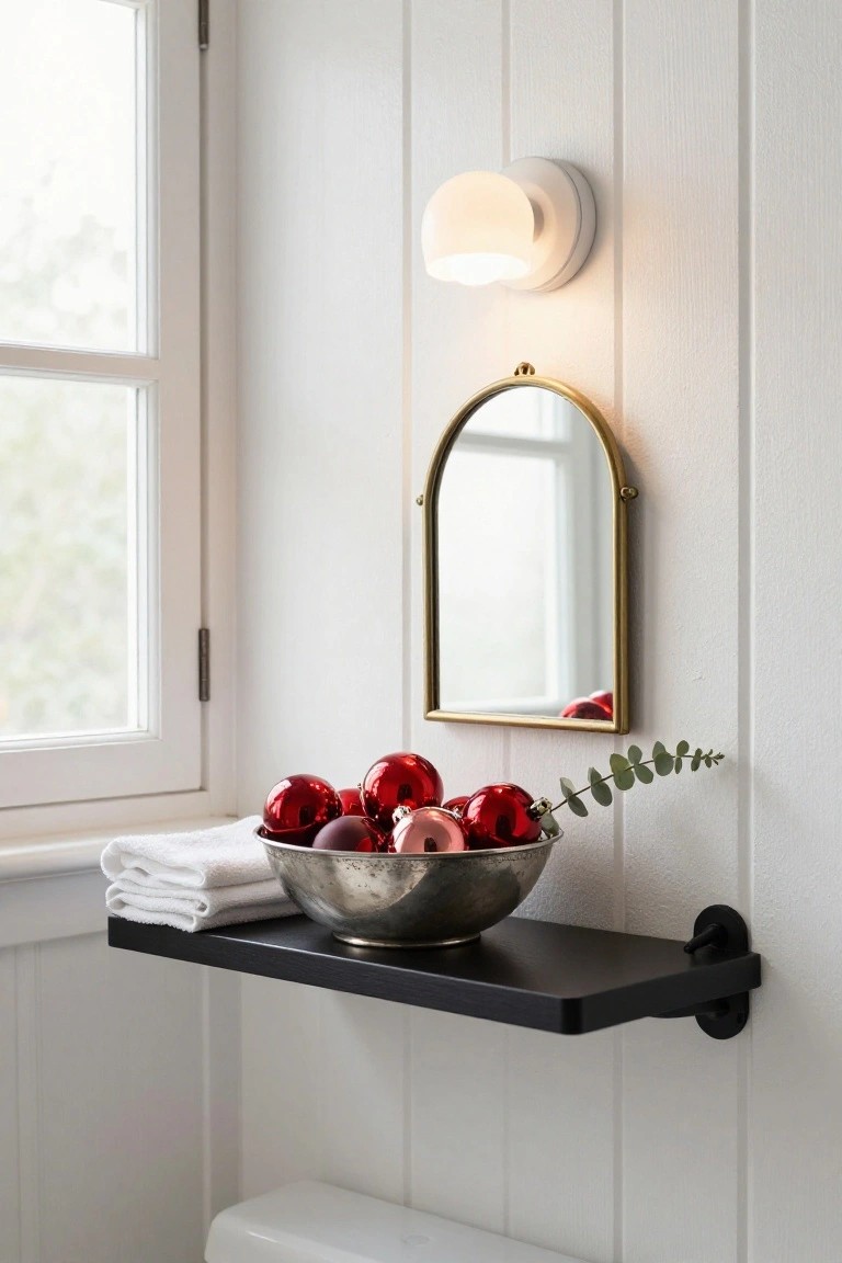 Black shelf mounted on white shiplap wall in a bathroom holds a silver bowl of red Christmas ornaments and eucalyptus sprigs next to folded white towels, with a gold arched mirror, white sconce, window, and white toilet visible.