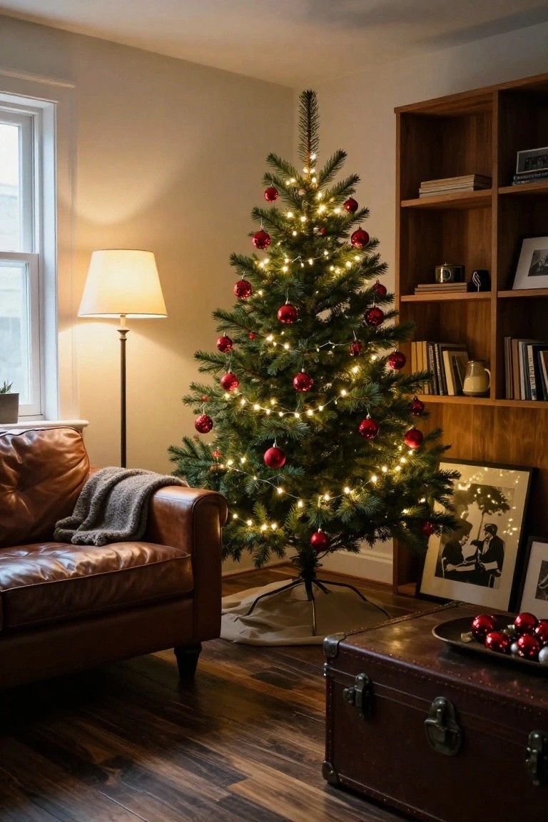 A lit Christmas tree decorated with red baubles and white lights stands in a living room corner beside a leather armchair, floor lamp, wooden bookshelves, and trunk table.