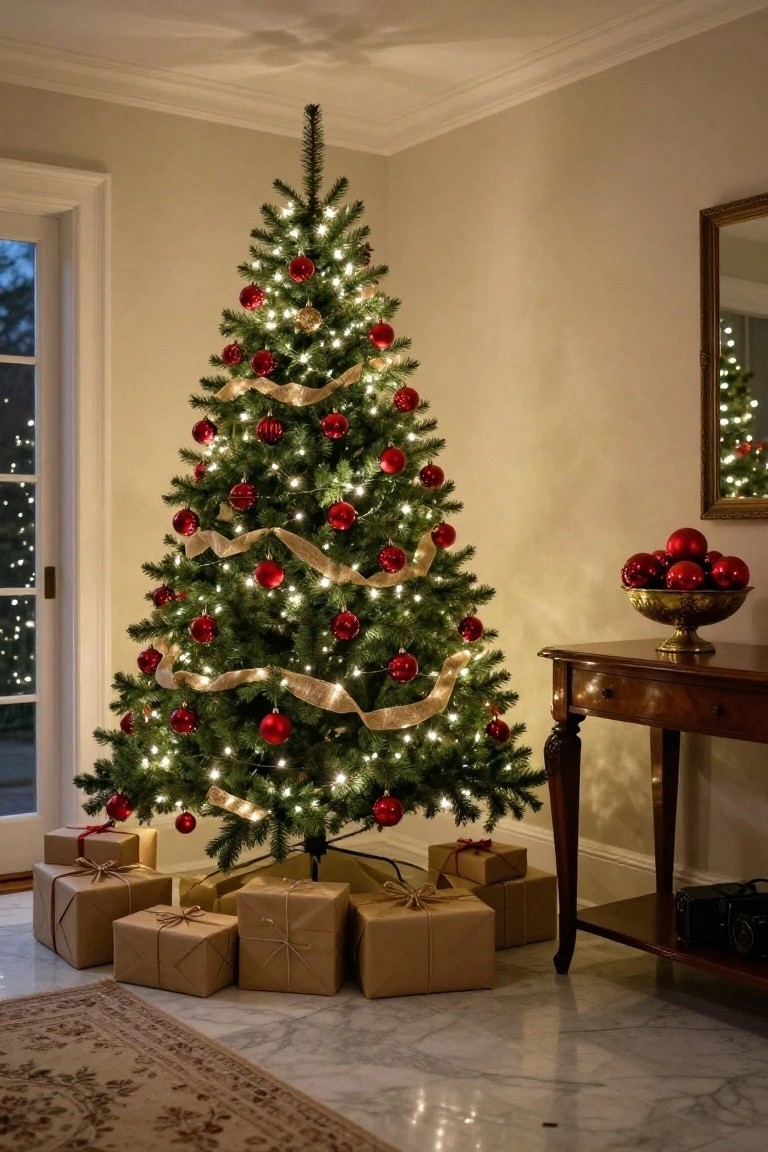 A lit artificial Christmas tree decorated with numerous red glass ornaments, gold ribbon garland, and white lights stands in a beige living room corner beside a wooden console table holding a bowl of red ornaments, with wrapped gifts on the marble floor.
