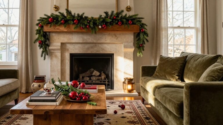 Living room with wooden mantel over stone fireplace decorated in evergreen garland and red Christmas ornaments, green velvet sofa, wooden coffee table holding books and more red ornaments, white ceramic stool, and patterned rug.