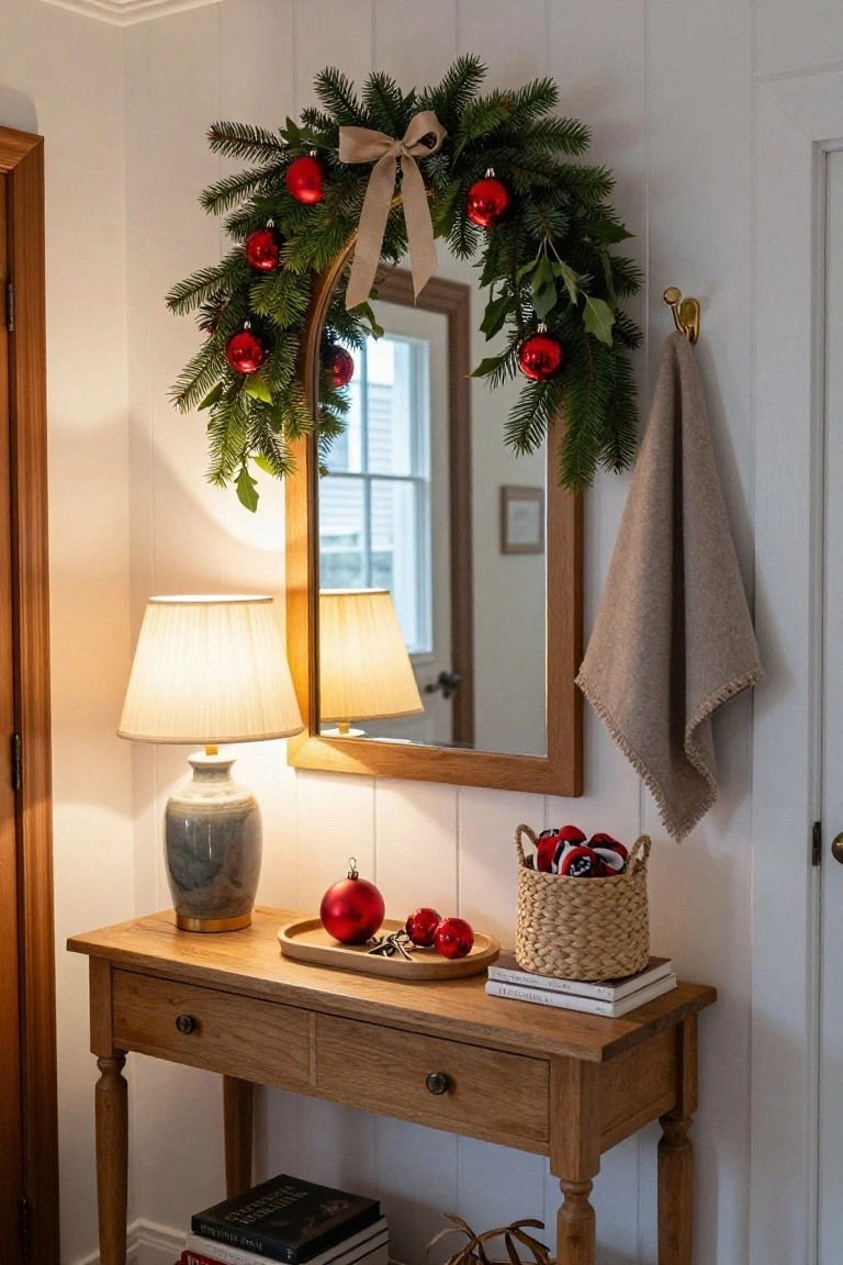 Wooden-framed mirror in a white paneled room decorated with evergreen garland, beige bow, and red Christmas ornaments, above a wooden console table holding a lamp, ornaments, and woven basket.