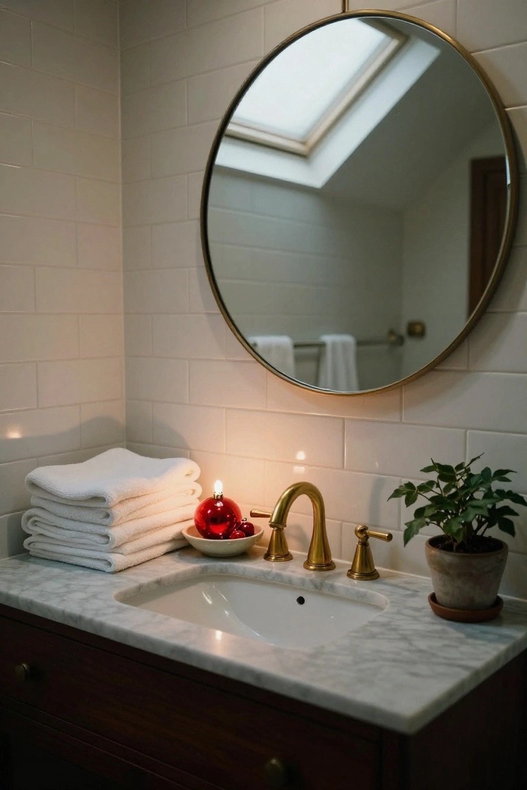 Bathroom vanity with marble countertop, gold faucet and handles, empty sink, stacked white towels, lit candle in red glass Christmas ornament, bowl of red cherries, potted green plant, and large round brass mirror on white subway tile wall.