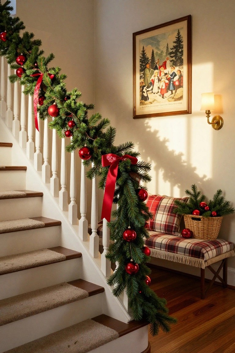Wooden staircase with white railing wrapped in green evergreen garland, red ribbons, and red Christmas ball ornaments, next to a plaid bench with a basket of apples and ornaments.