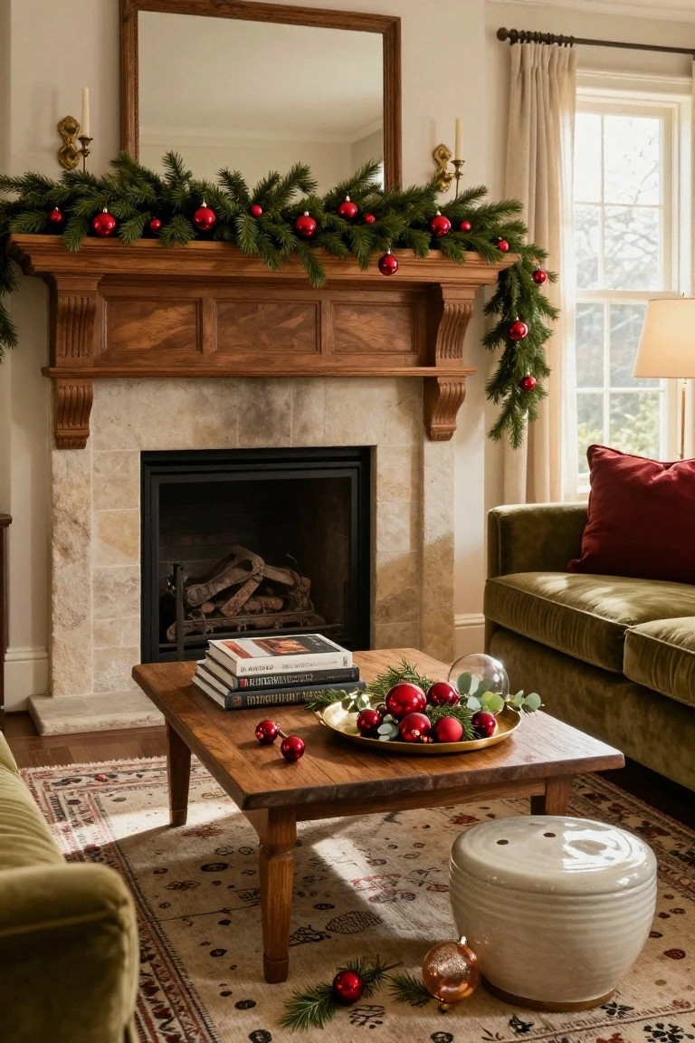 Living room with wooden mantel over stone fireplace decorated in evergreen garland and red Christmas ornaments, green velvet sofa, wooden coffee table holding books and more red ornaments, white ceramic stool, and patterned rug.