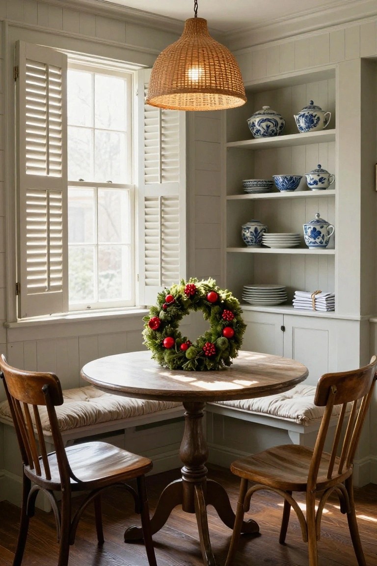 Interior corner of a light-filled kitchen nook with a round wooden table, two wooden chairs, a cushioned bench, open white shutters on a multi-pane window adorned with a green Christmas wreath featuring red berries, built-in shelves holding blue and white china, and a woven pendant light overhead.