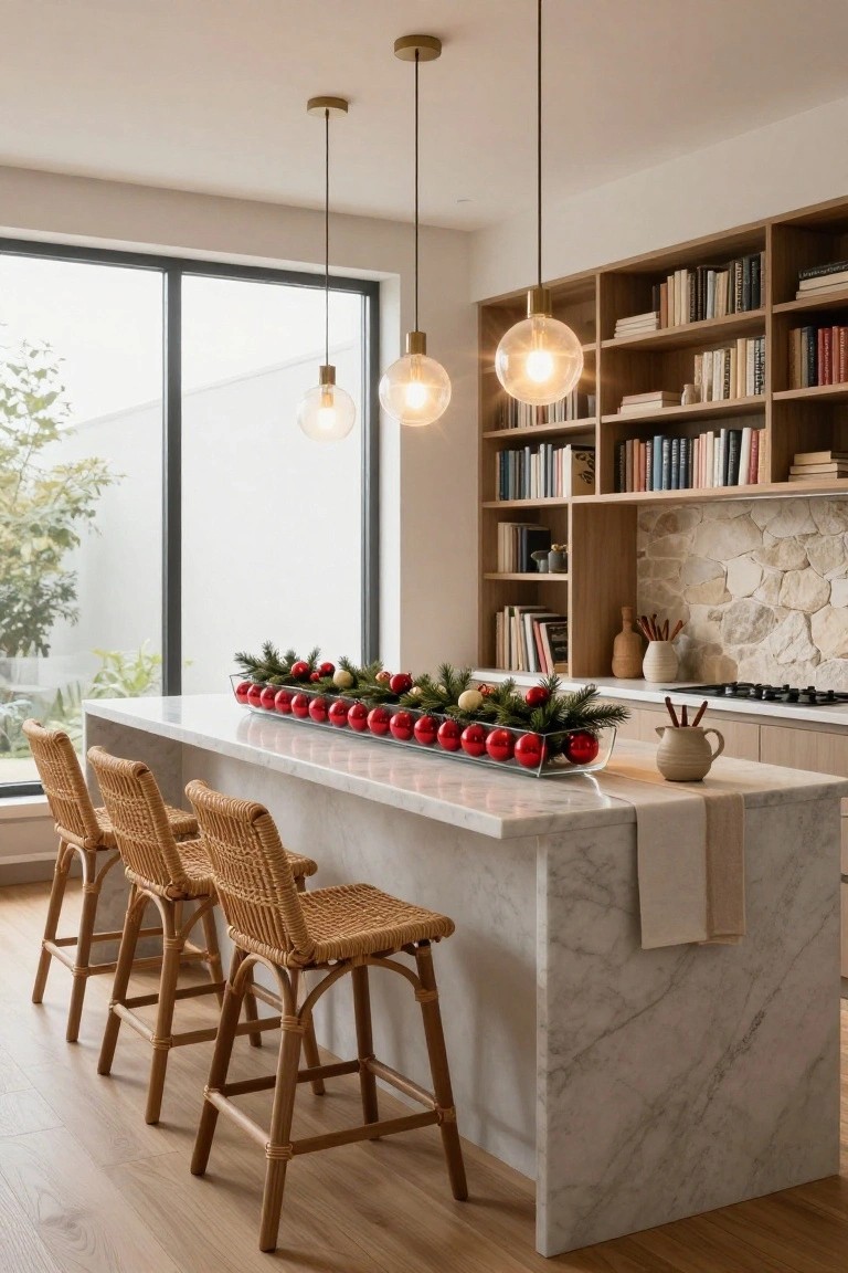 Kitchen island with white marble countertop holding a rectangular glass tray of red and gold Christmas ornaments mixed with pine branches, flanked by rattan bar stools, with bookshelves and pendant lights in the background.