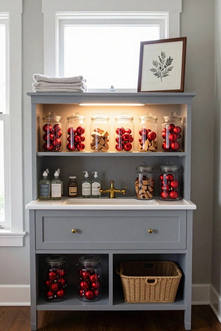 Gray open shelving cabinet in a bathroom holding glass jars filled with red Christmas ornaments and birch twigs, marble countertop with gold faucet and soap dispensers, folded gray towels on top, framed leaf print, and wicker basket below.