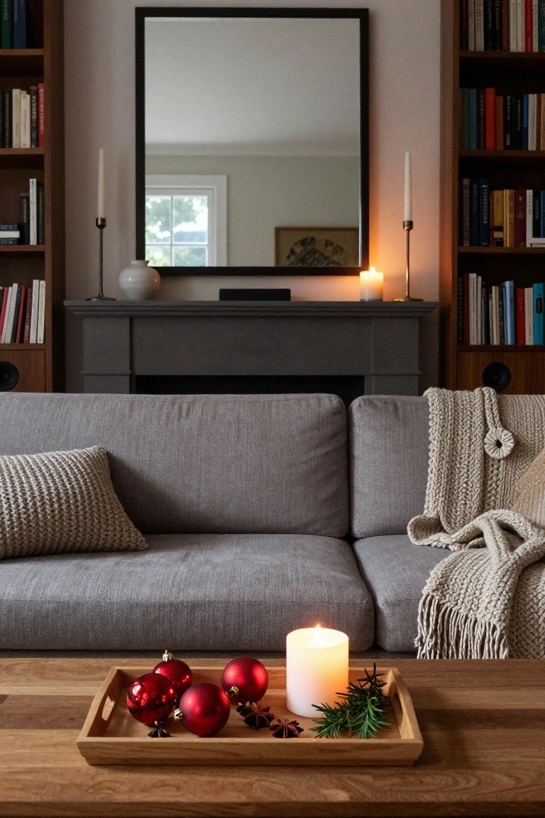 Living room with gray sofa, wooden coffee table holding a rectangular tray of red Christmas ornaments, white candle, star anise, and fir branches, bookshelves on either side, and a dark fireplace mantel.