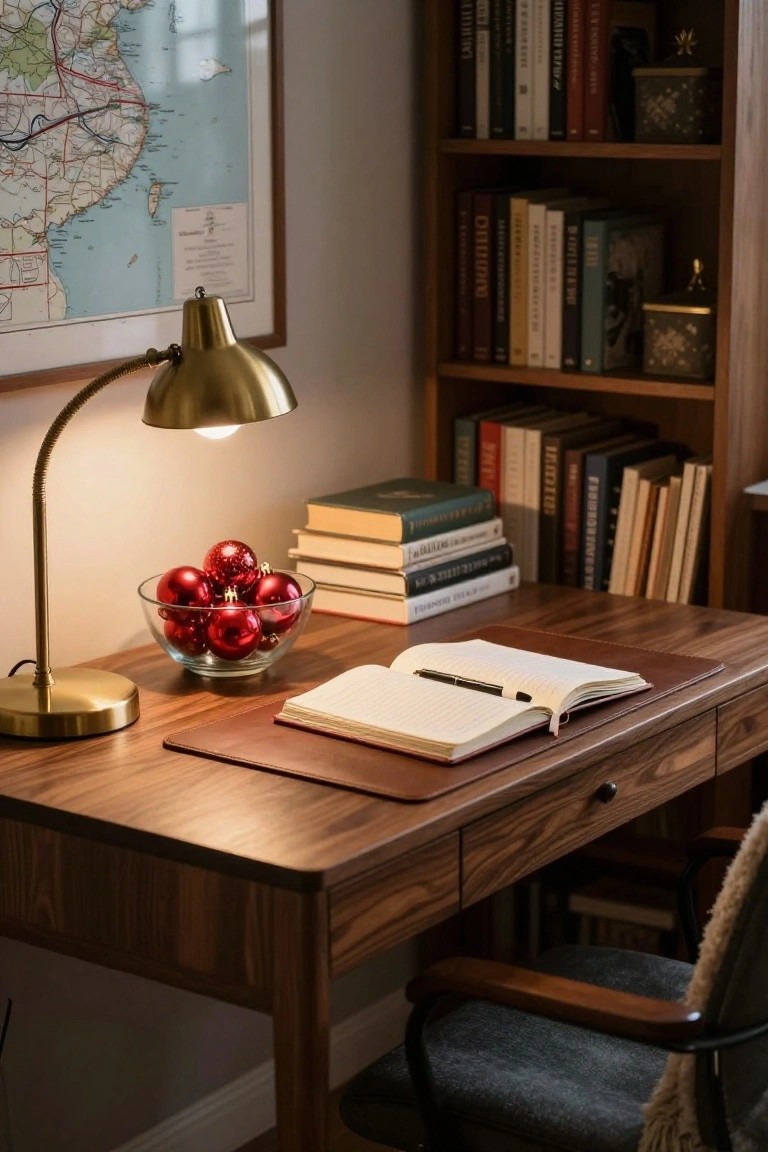 Wooden desk with gold desk lamp, glass bowl of red Christmas ornaments, open leather notebook, stacked books, and bookshelves against a wall with a map.