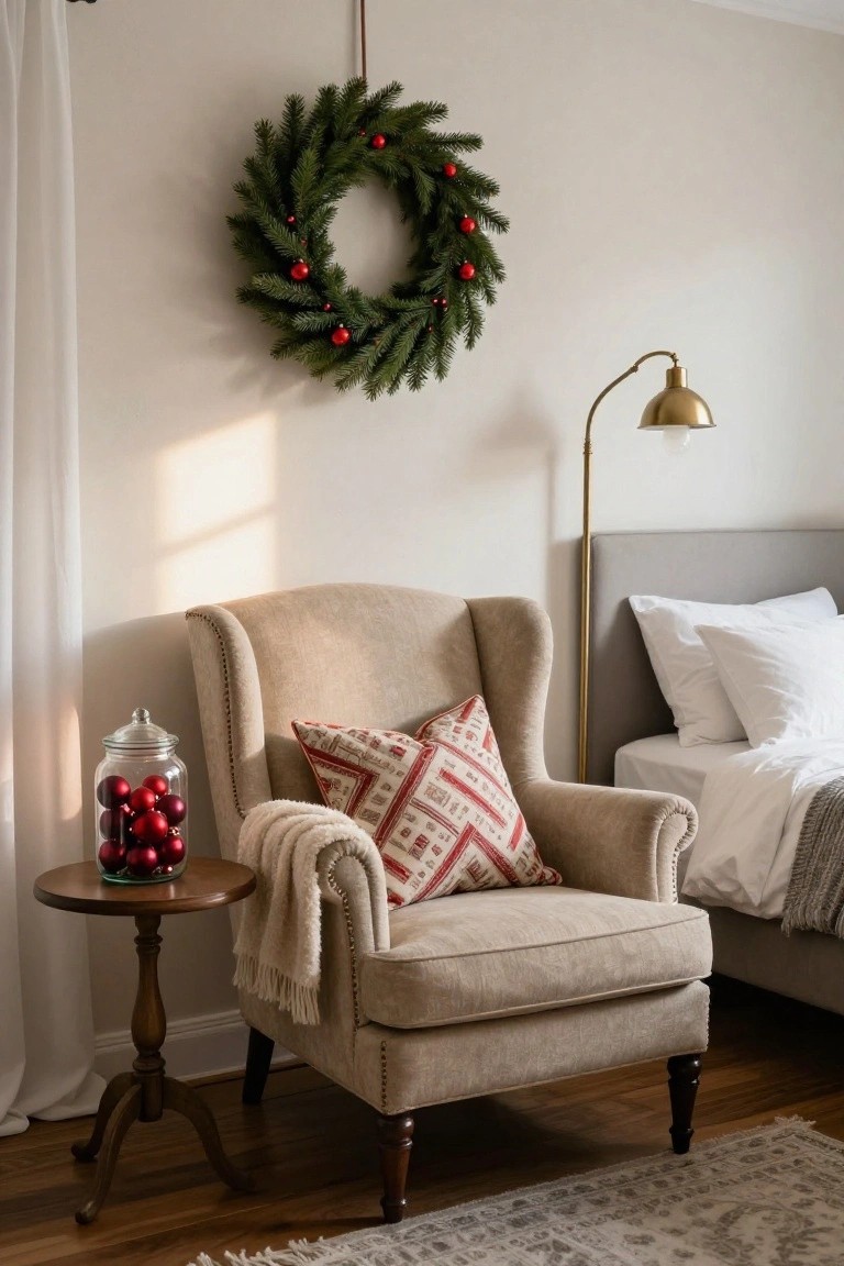 Beige wingback armchair with red patterned pillow and cream throw beside a bed, glass jar filled with red Christmas ornaments on wooden side table, evergreen wreath with red balls on wall, gold arc lamp nearby.