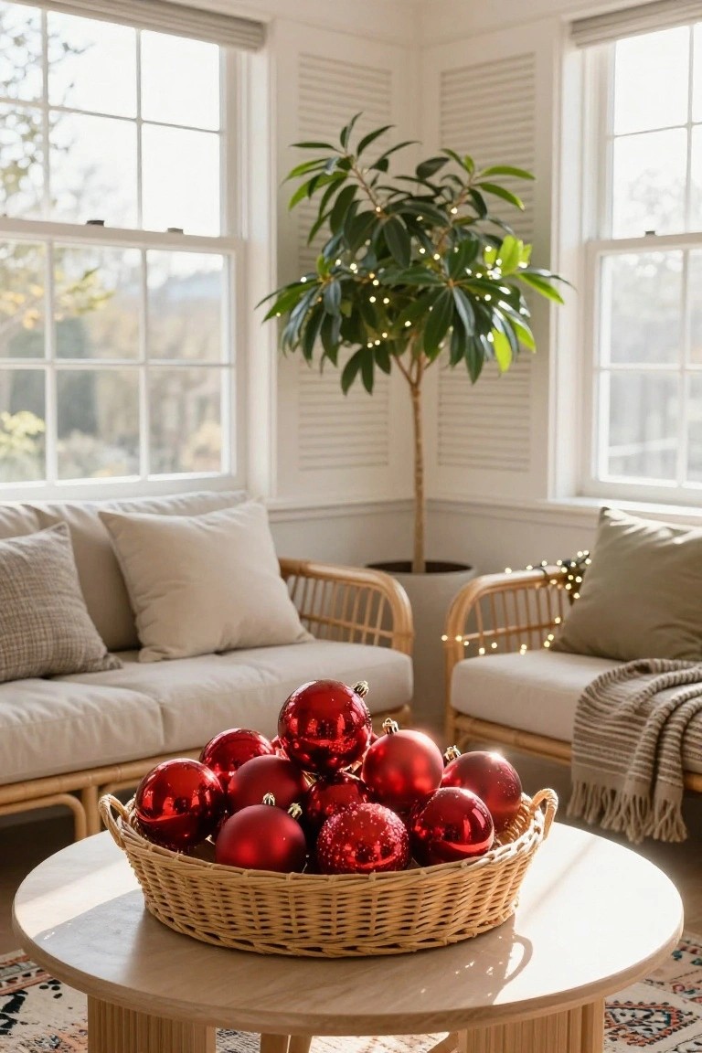 A red wicker basket overflowing with shiny red Christmas ornaments on a round wooden coffee table in a bright corner room with beige rattan chairs, neutral cushions, a potted plant with fairy lights, and large windows.