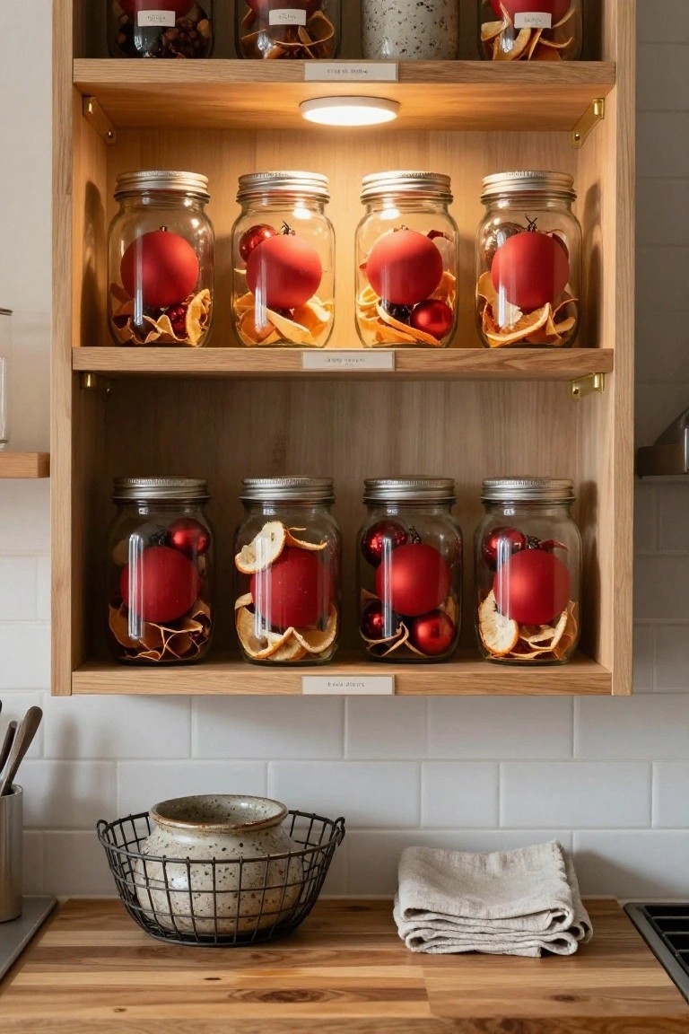 Open wooden kitchen shelves lined with glass mason jars filled with red Christmas ornaments and dried orange slices, above a wooden countertop holding a woven basket and folded linens.