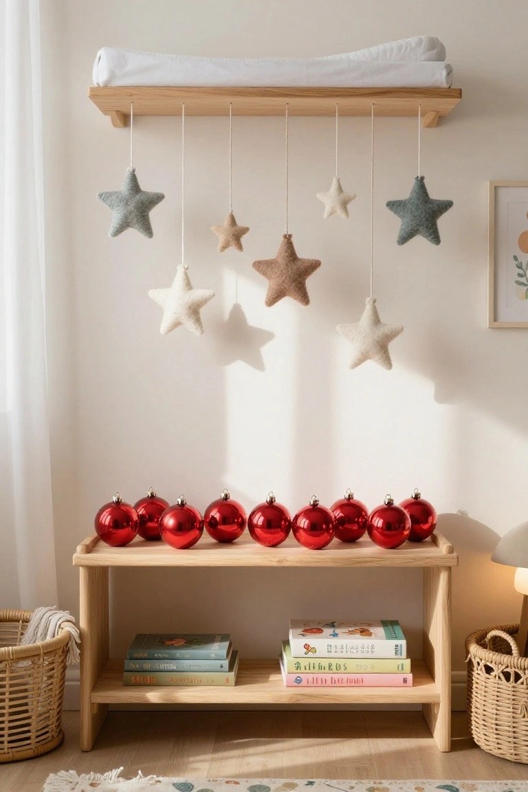 Nursery corner with wool star mobile hanging from wooden shelf above changing pad, low wooden bench holding row of red Christmas ornaments and books, woven baskets, and patterned rug on floor.