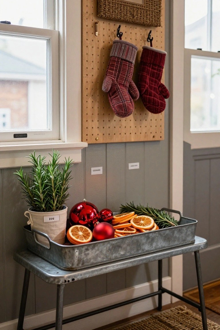 Galvanized metal tray on a bench holding red Christmas ornaments, orange slices, and rosemary sprigs next to a potted rosemary plant and wooden pegboard with hanging red oven mitts in a gray-walled entryway with windows.