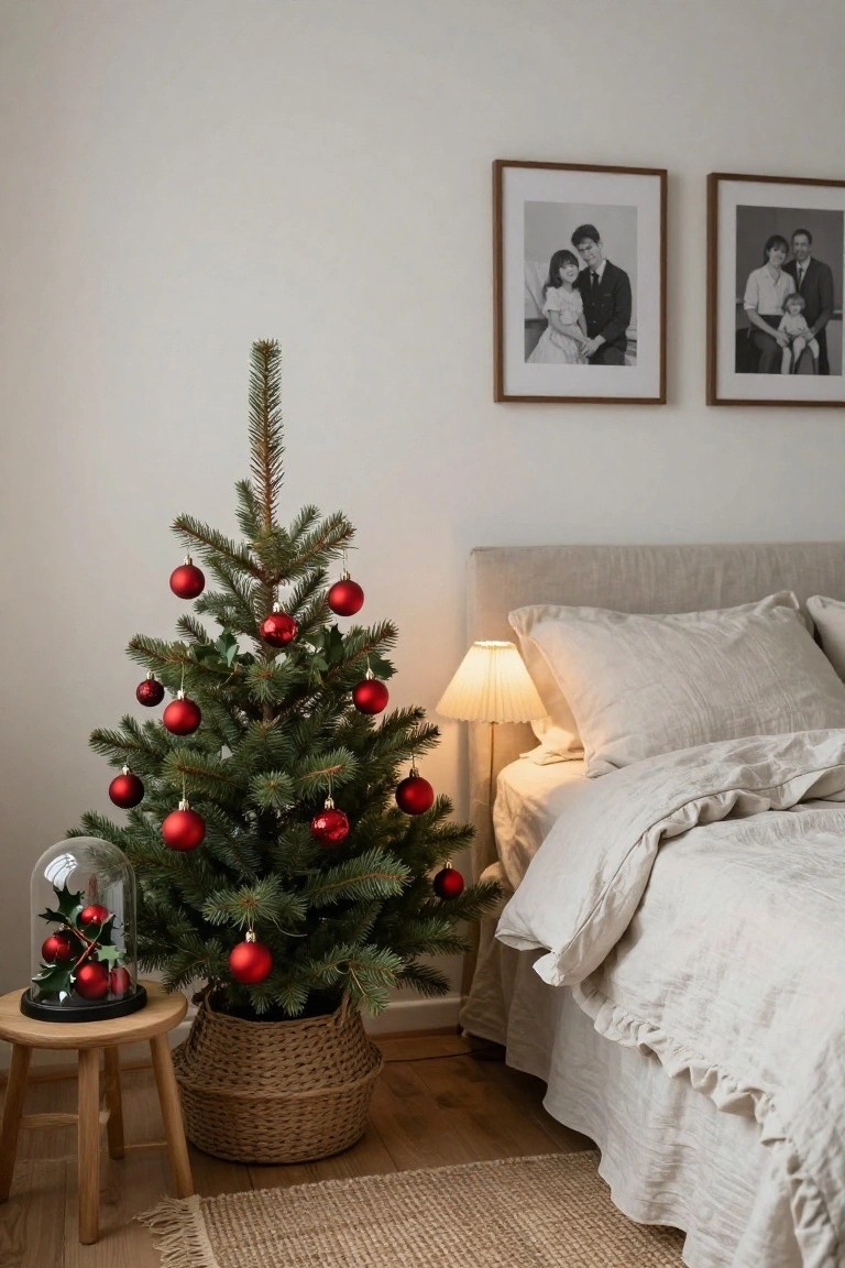 Small potted Christmas tree decorated with red ball ornaments in a bedroom corner beside a bed with beige linens, family photos on the wall, and a lit lamp.