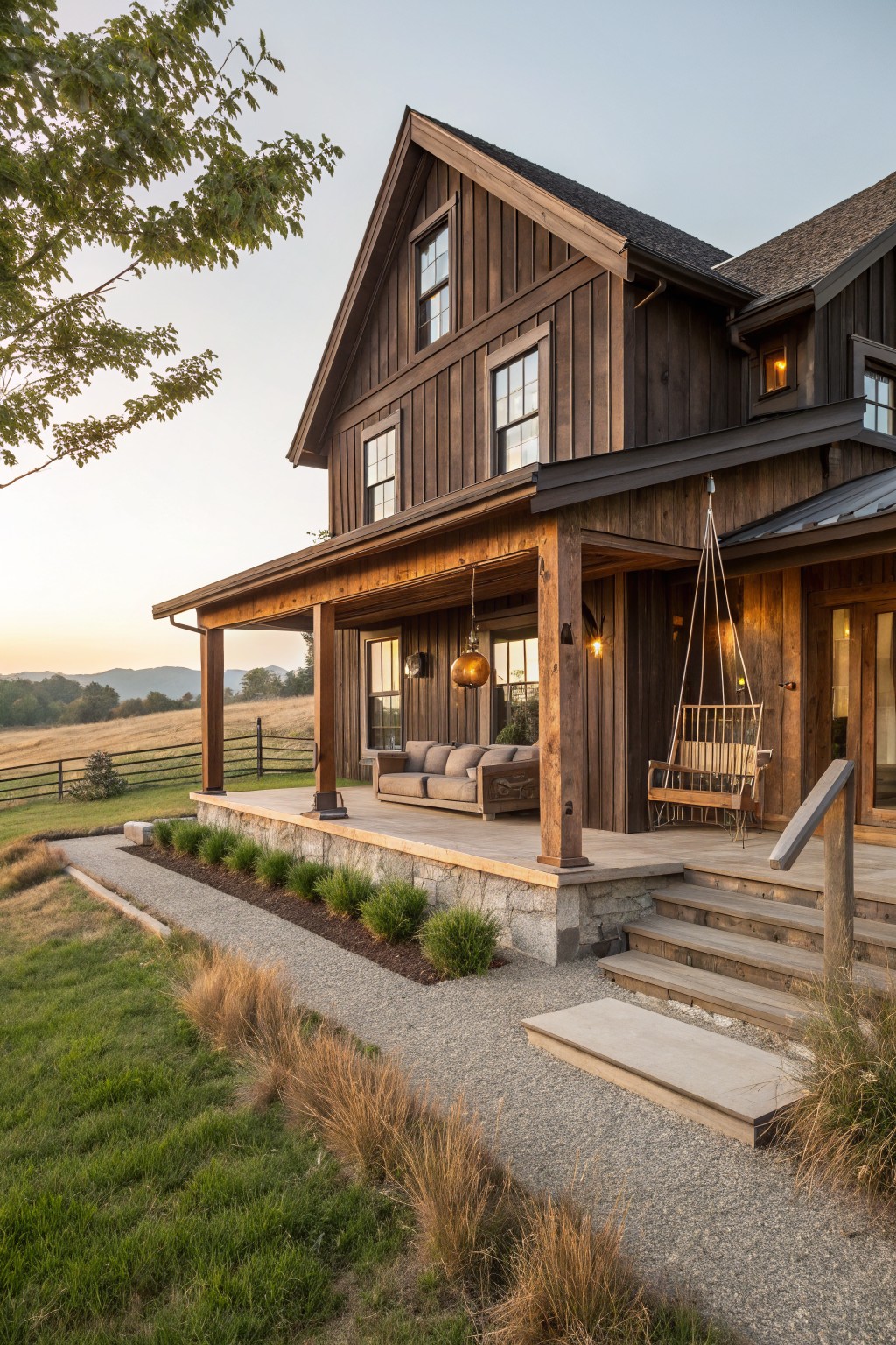 Dark brown board-and-batten wood siding on a two-story house with gabled roof, covered porch displaying sofa cushions and hanging wooden swing, stone base, steps to gravel path, grass lawn, ornamental grasses, and hills in the background at dusk.