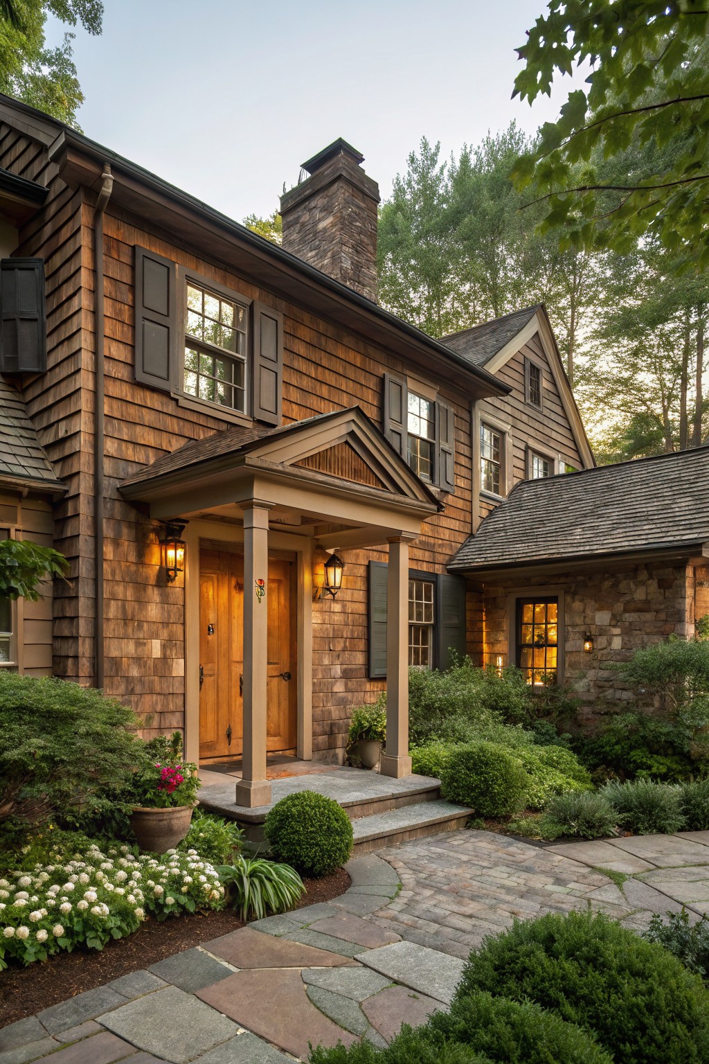 Two-story house with brown cedar shingle siding, beige portico supported by columns over double wooden front doors lit by lanterns, stone pathway leading to entry amid shrubs and trees.