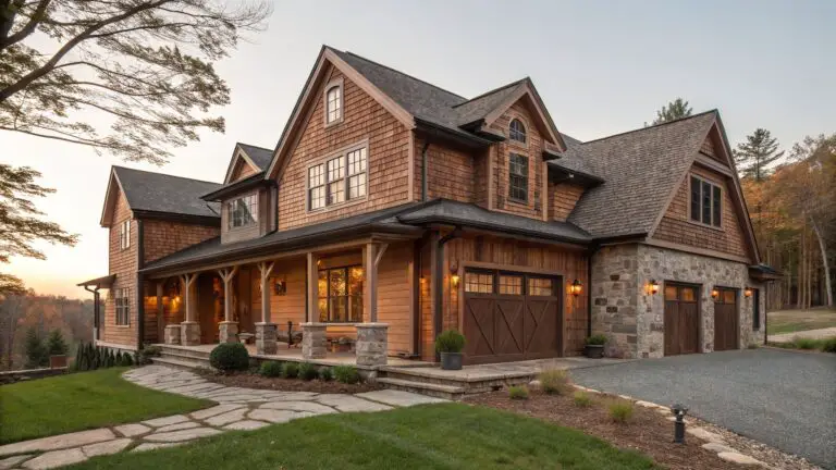 Two-story rustic house exterior with brown shingle siding, exposed timber beams on gabled roofs and covered porch supported by stone pillars, wooden double garage doors, paver walkway, and landscaped yard with trees.