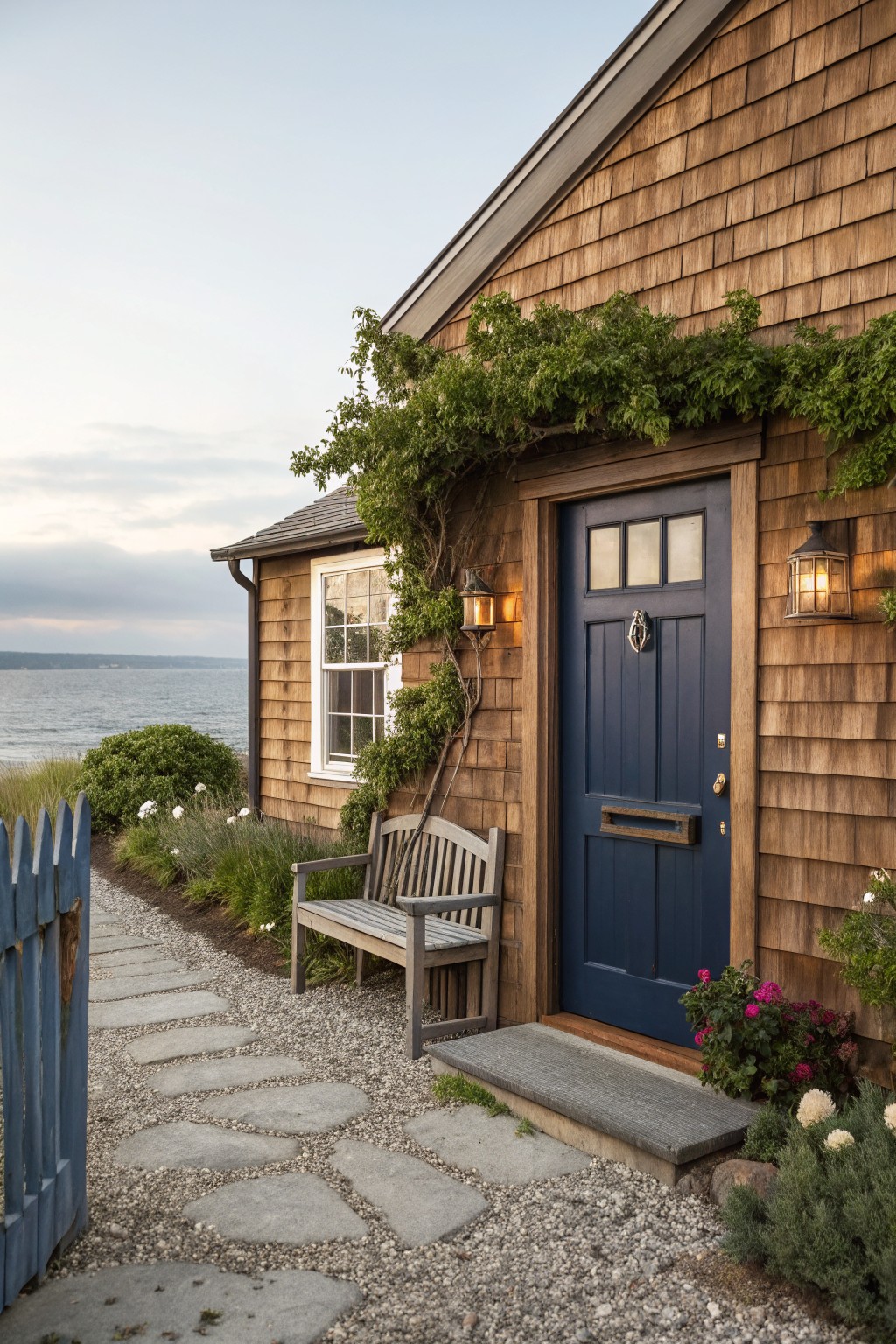 Shingle-clad house exterior with navy blue front door, brass anchor knocker, lanterns, wooden bench, gravel path, plants, white picket fence, and ocean view.