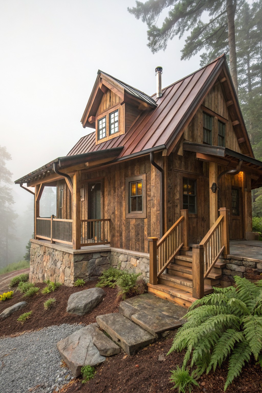 Small two-story rustic wooden cabin with brown vertical siding, red metal roof, exposed timber porch, stone foundation, and flagstone steps on a forested hillside in misty weather.