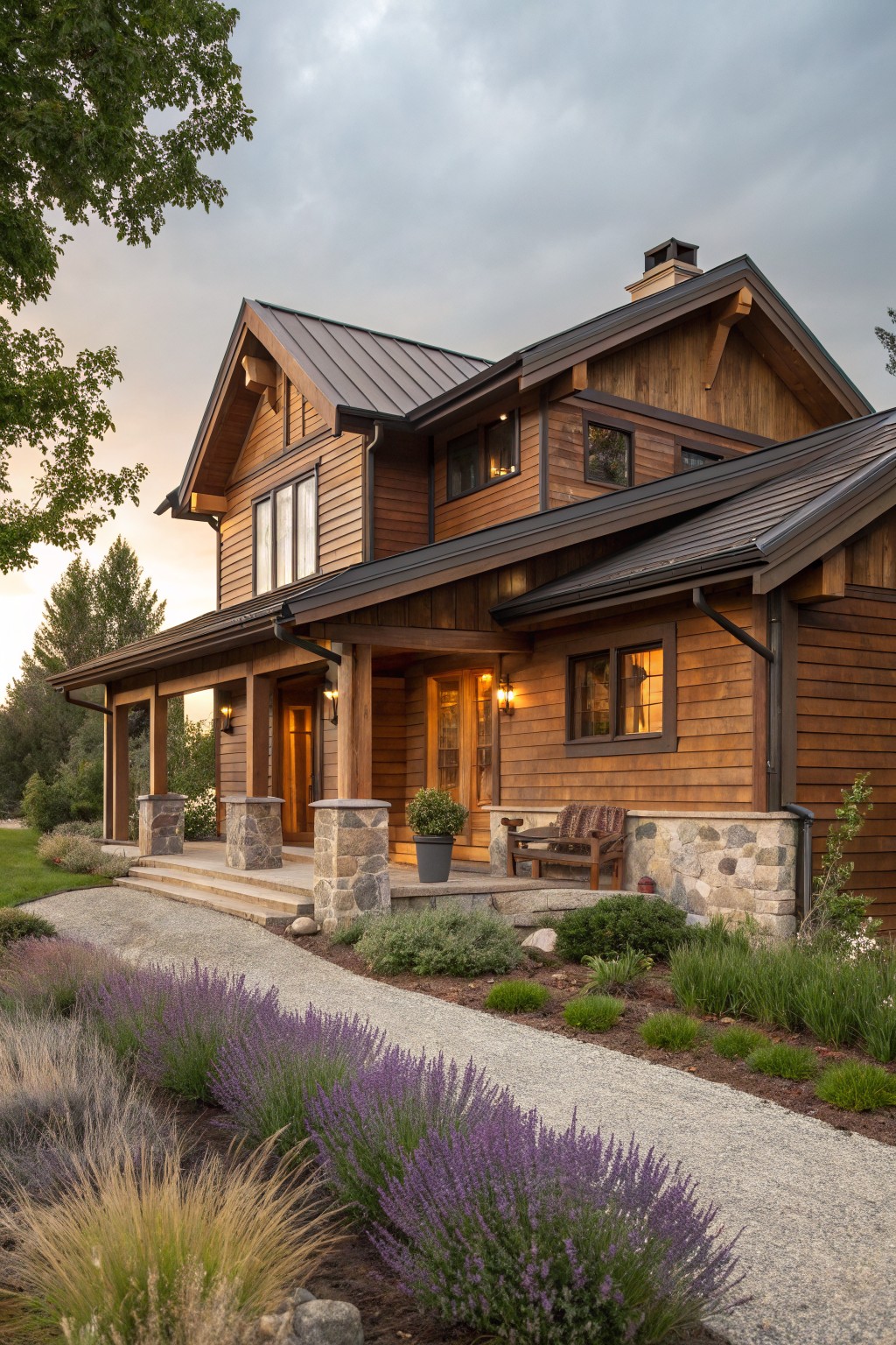 Two-story house exterior featuring brown horizontal wood siding, dark standing-seam metal roof, covered front porch with timber beams and stone pillar supports, wooden bench on porch, gravel pathway edged with lavender plants and ornamental grasses.