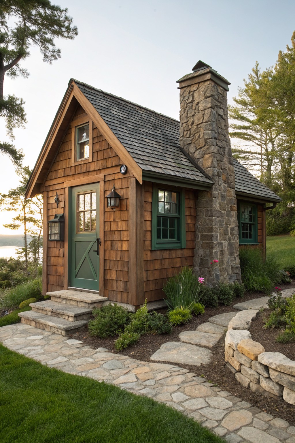 Small rustic cabin with brown cedar shingle siding, green door and windows, tall stone chimney, lantern lights flanking the entry, stone steps and flagstone path, low plantings, and trees near a lake at dusk.