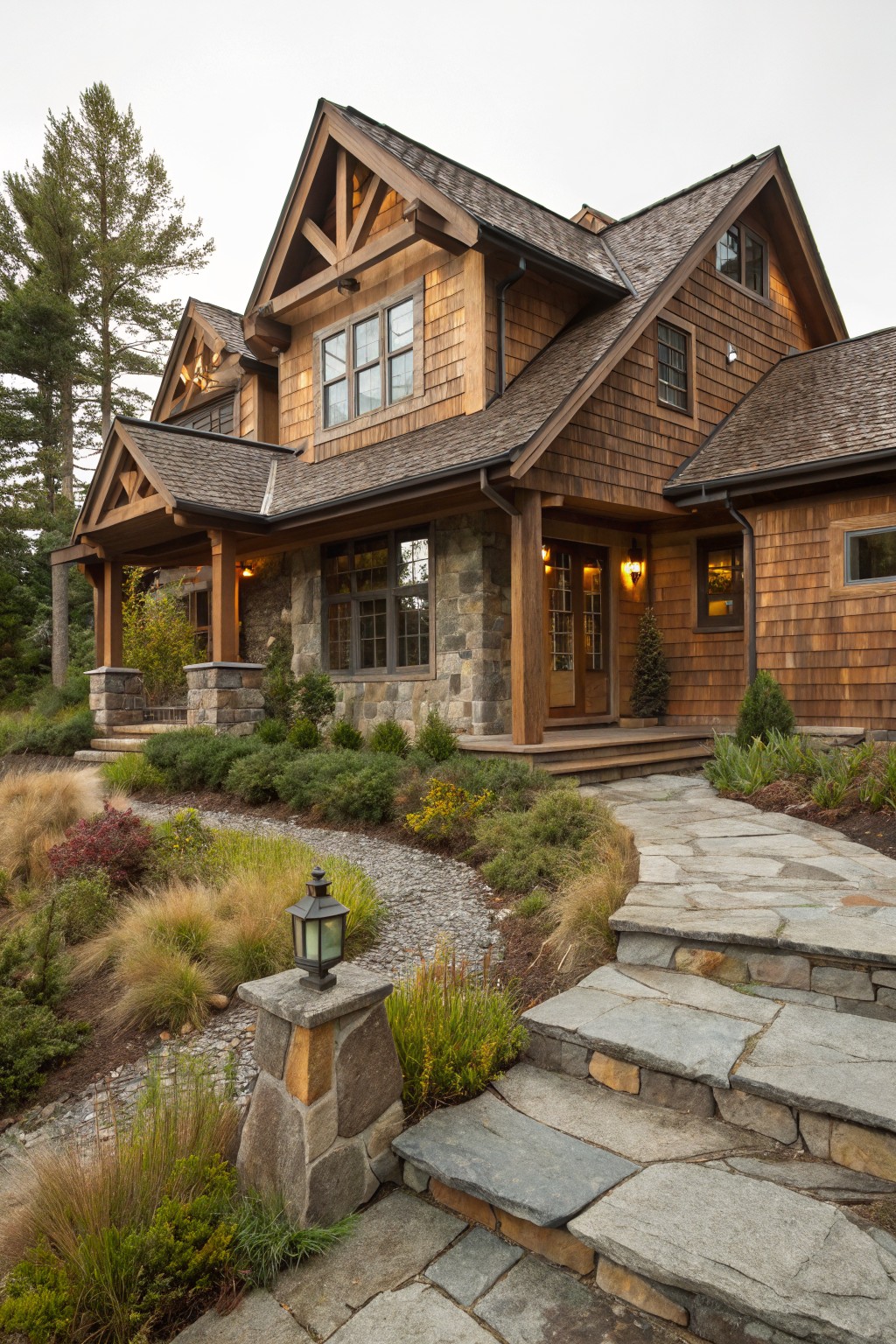 Rustic brown wood shingle house exterior with timber-framed porch supported by stone pillars, double entry doors, lantern light, stone steps, gravel path, and surrounding native plants and trees.