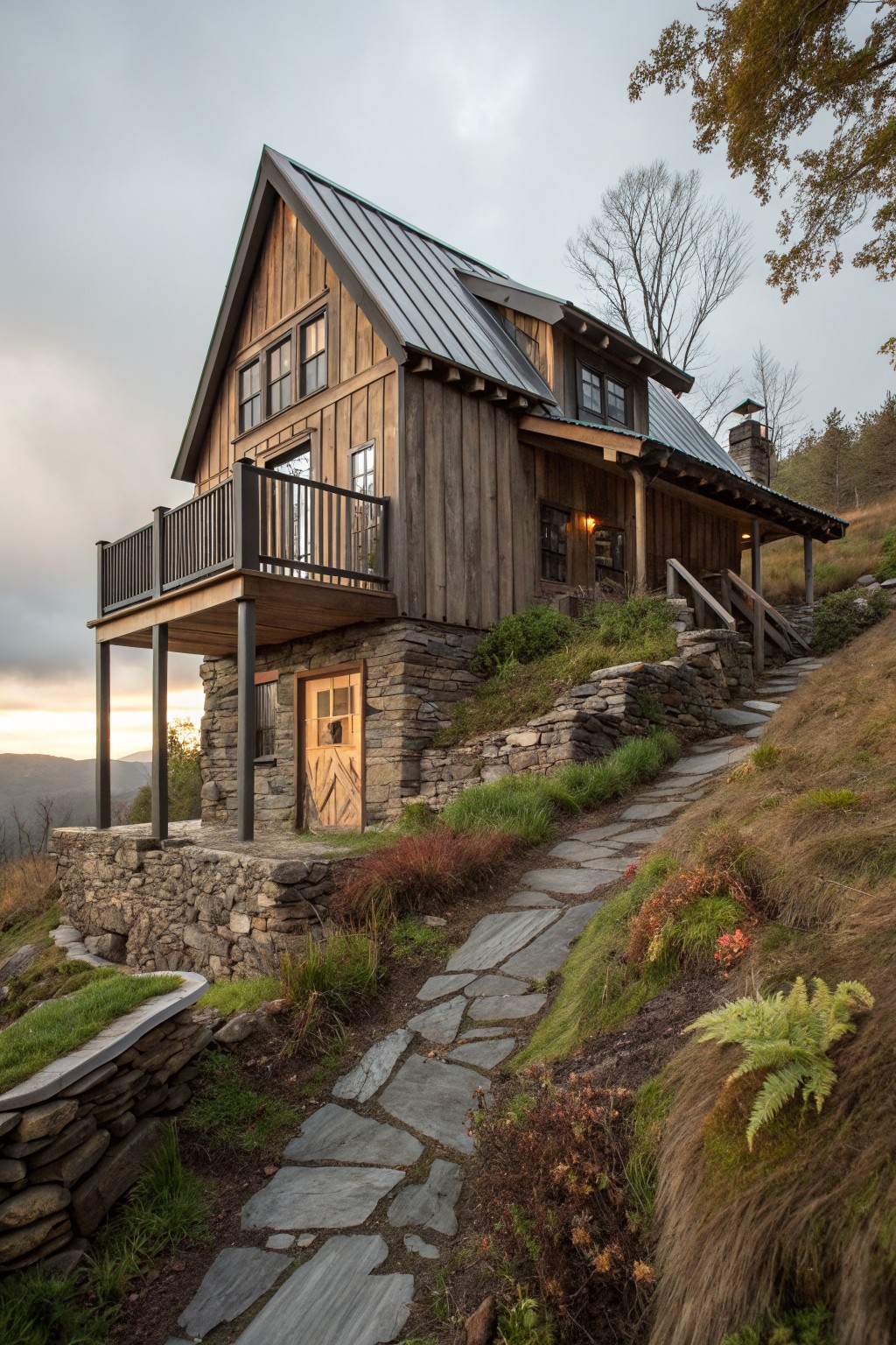 Two-story gabled house with vertical wood siding, metal roof, elevated balcony and entry deck on black posts above a stone foundation on a hillside with stone path, plants, and trees.