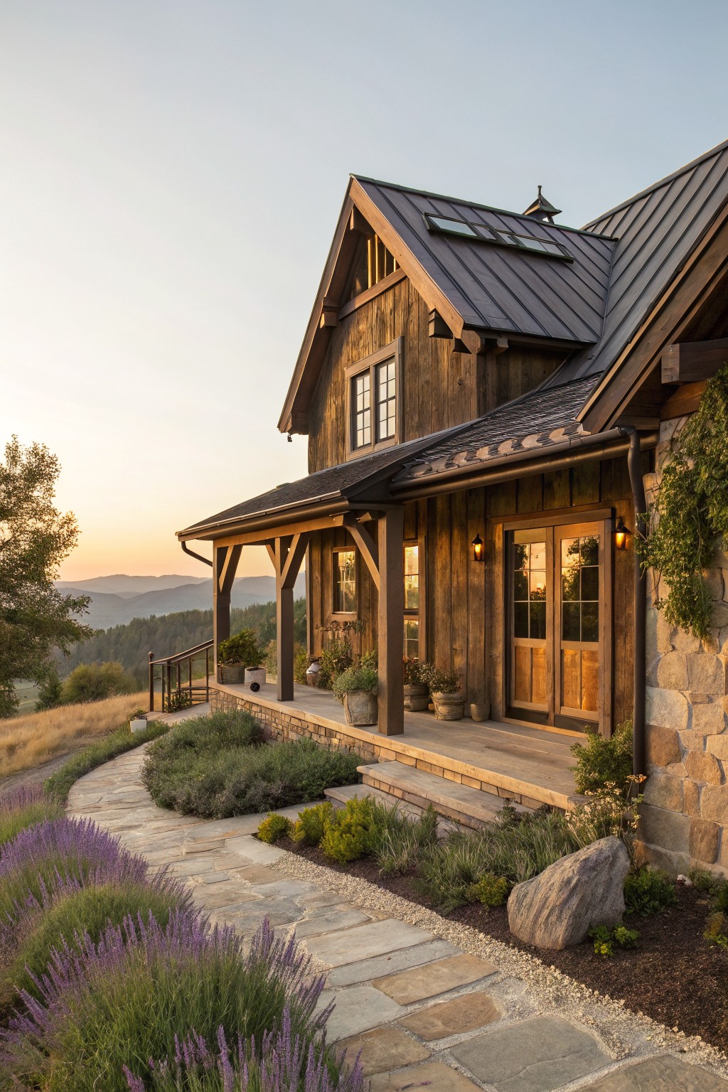 Rustic brown wooden house exterior with wraparound porch supported by timber posts, dark metal roof, stone foundation and steps, potted plants on porch, lavender-lined stone path, and distant mountains at sunset.