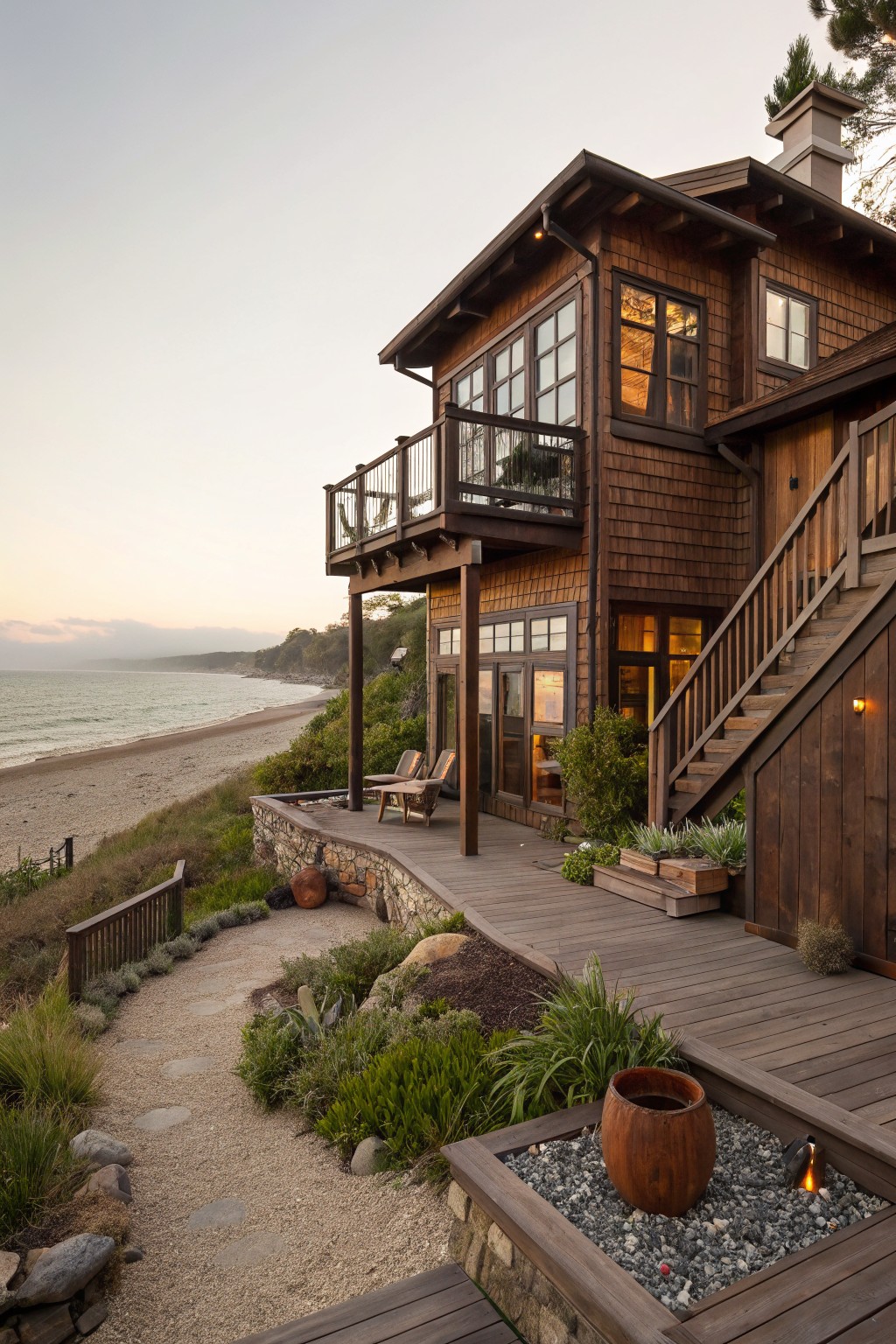 Two-story house with dark brown shingle siding, wooden decks, balcony with glass railing, exterior stairs, gravel path, fire pit, and native plants on a bluff overlooking sandy beach and ocean at sunset.