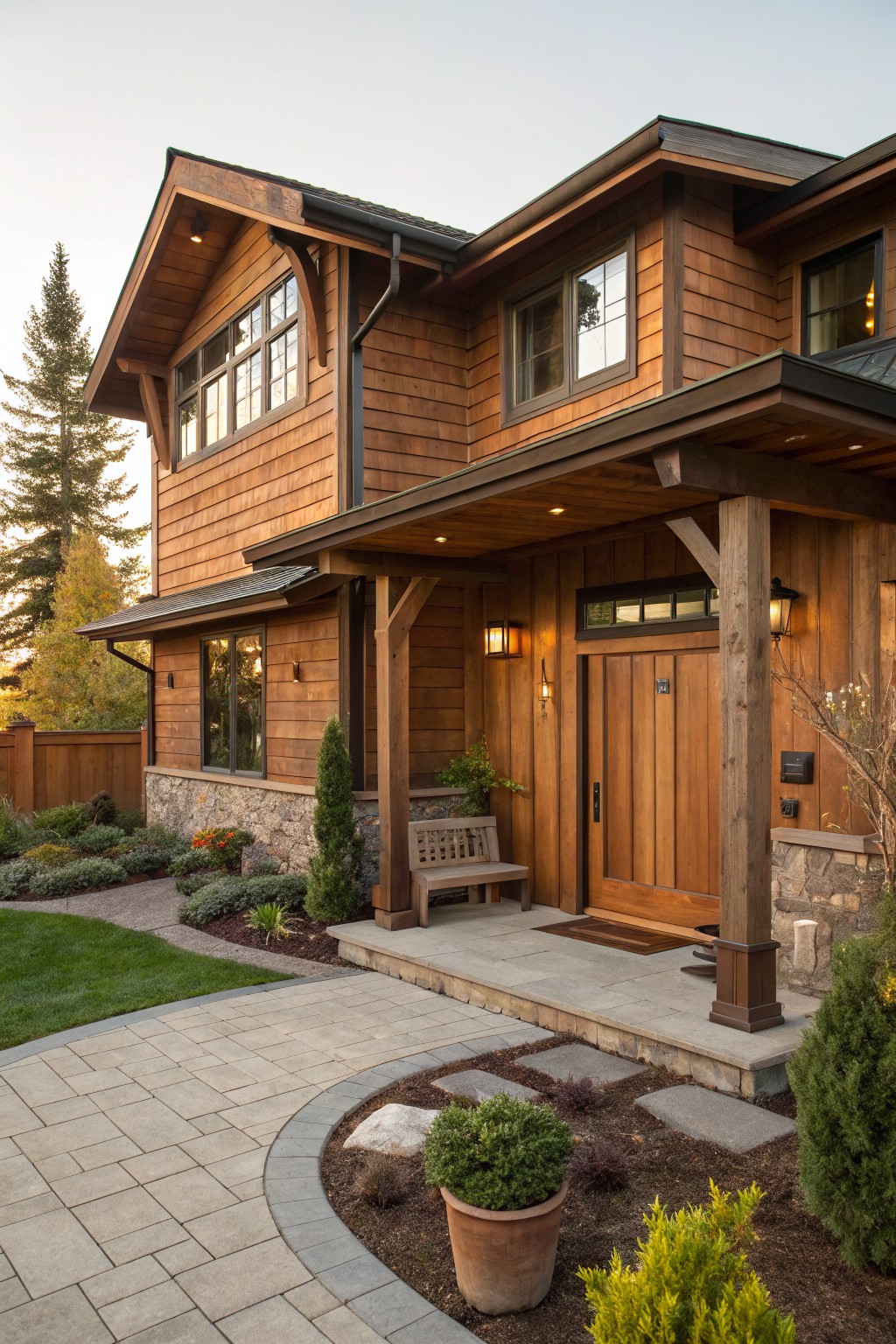 Two-story house exterior with cedar shingle siding in brown tones, covered front porch supported by large timber posts and beams, wooden entry door flanked by lanterns, wooden bench, paver walkway, and surrounding plants and trees.