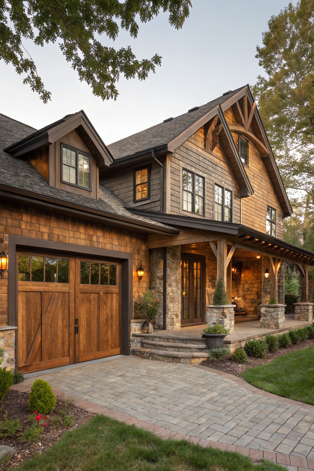 Two-story rustic house exterior with brown shingle siding, exposed timber beams on gabled roofs and covered porch supported by stone pillars, wooden double garage doors, paver walkway, and landscaped yard with trees.