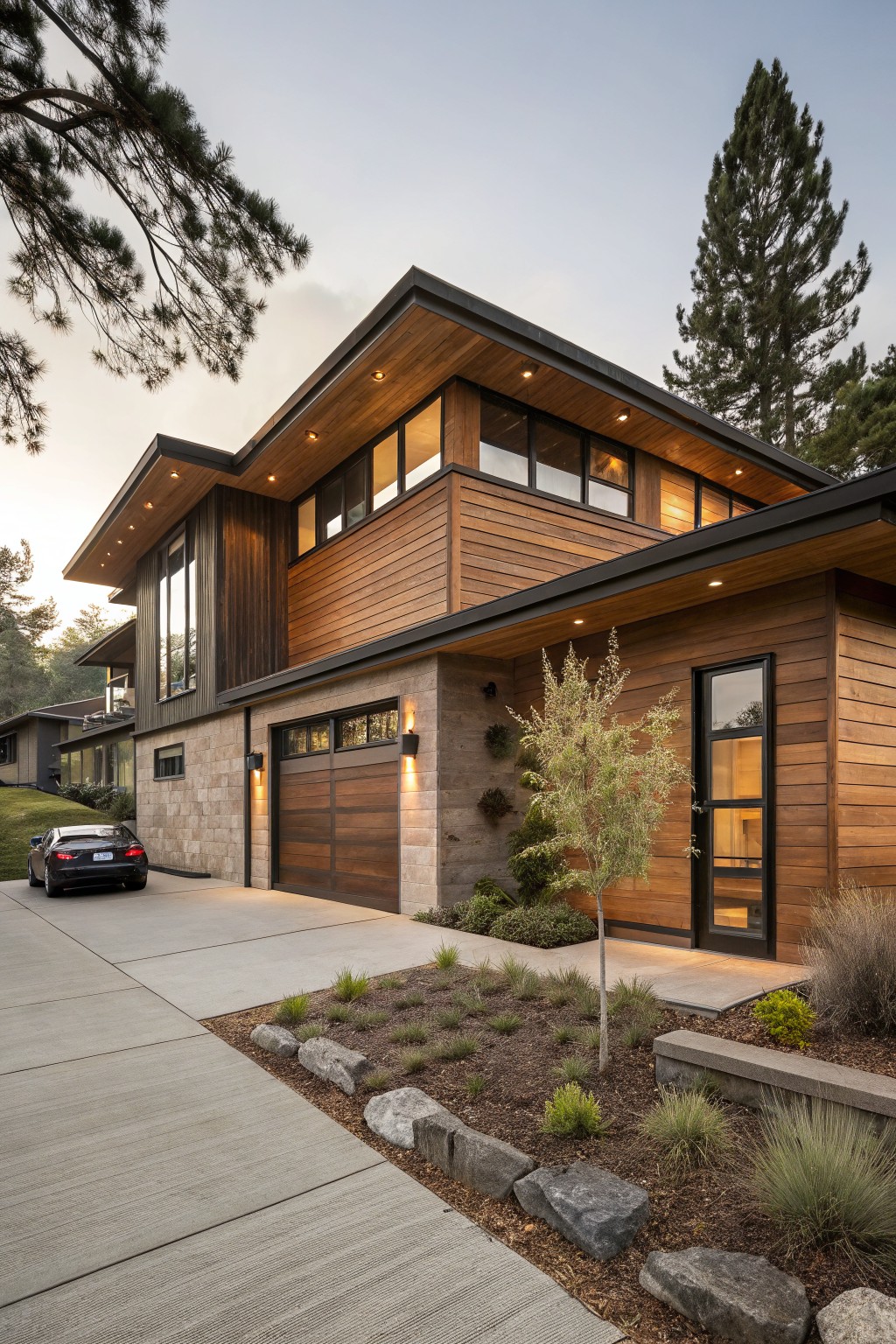 Modern two-story house exterior featuring dark vertical wood siding on upper levels, horizontal wood garage door, stone foundation, concrete driveway, low native plants, and tall pine trees nearby.