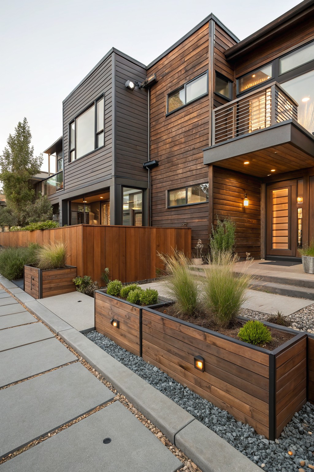 Modern two-story house exterior with dark gray panels, warm brown horizontal wood siding, glass balcony railing, wood entry door, and matching wooden planters along a concrete sidewalk edged with gravel.