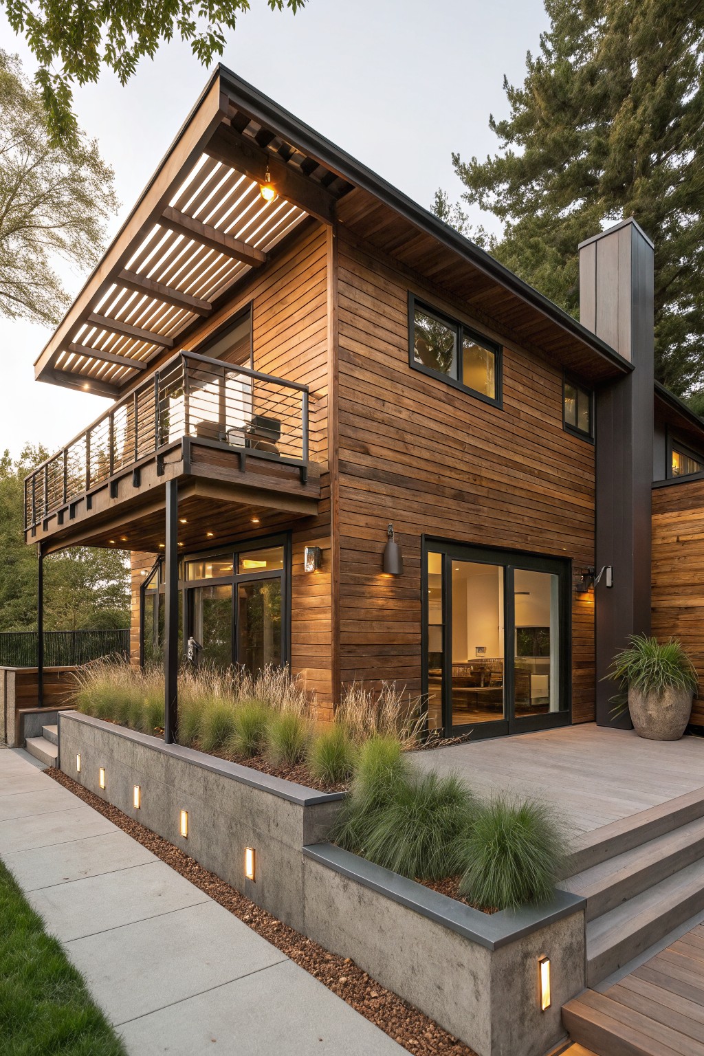 Multi-story modern house exterior with brown horizontal wood siding, cantilevered upper balcony with black cable railings and slatted wooden overhang, black-framed windows and sliding doors, concrete retaining walls planted with ornamental grasses, wooden deck with steps, surrounded by trees and lawn.