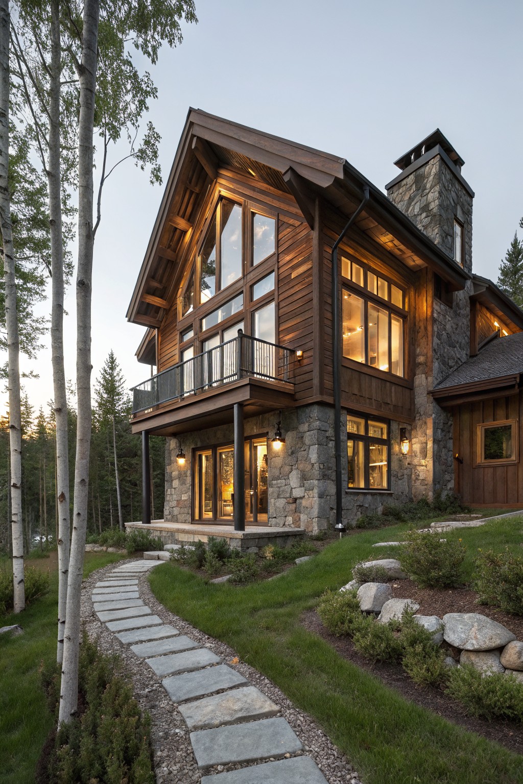 Two-story house exterior with brown wood siding, stone foundation and chimney, large multi-pane windows, second-floor balcony, and stone path leading through grass and trees at dusk.
