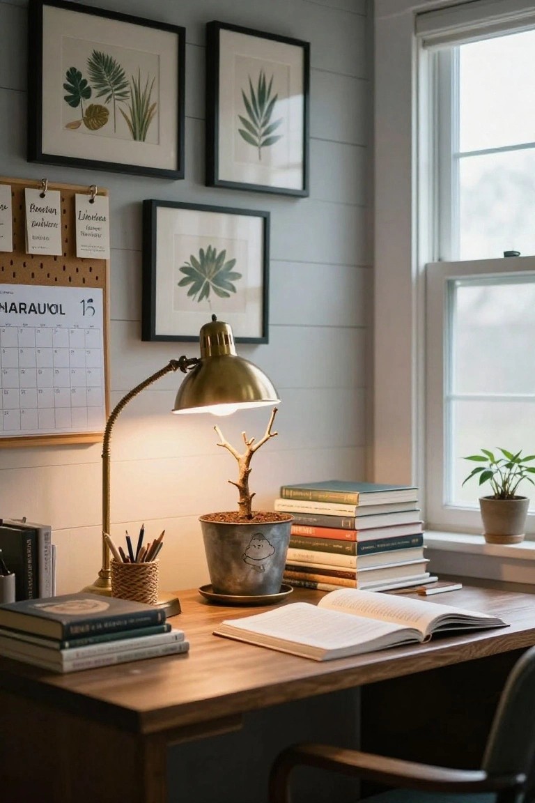 Cozy desk with books, a plant, lamp, and framed botanical art on the wall.