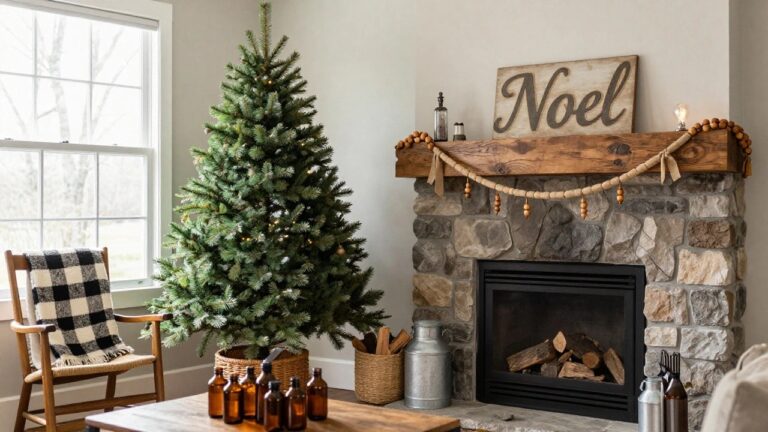 Small flocked artificial Christmas tree in a galvanized metal milk pail next to a stone fireplace with wooden mantel, "Noel" sign, garland, bottles, firewood basket, and cowhide-draped rocking chair in a rustic interior.