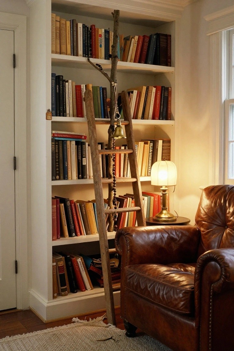 Wooden ladder with a branch at top, beads, and bell used as Christmas tree leaning against white bookshelves filled with books, next to brown leather armchair, lamp, and rug in a room.