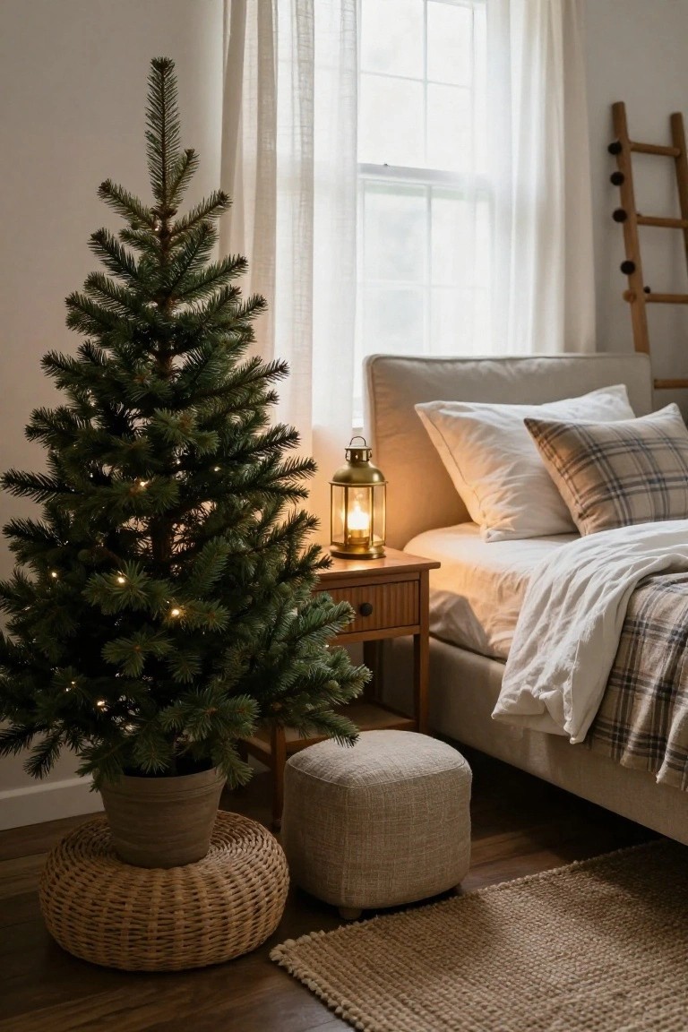 Small lit Christmas tree in terracotta pot on seagrass basket in bedroom corner next to bed with white and plaid bedding, wooden nightstand with brass lantern, beige sofa, and ladder shelf.