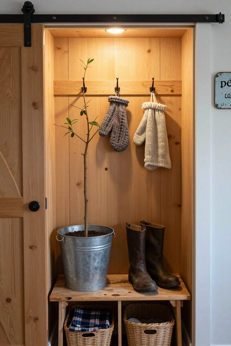 Wooden alcove with sliding barn door, warm interior lighting, small potted tree in metal bucket, hanging knit mittens and gloves, tall leather boots on bench, and two woven baskets with folded linens.