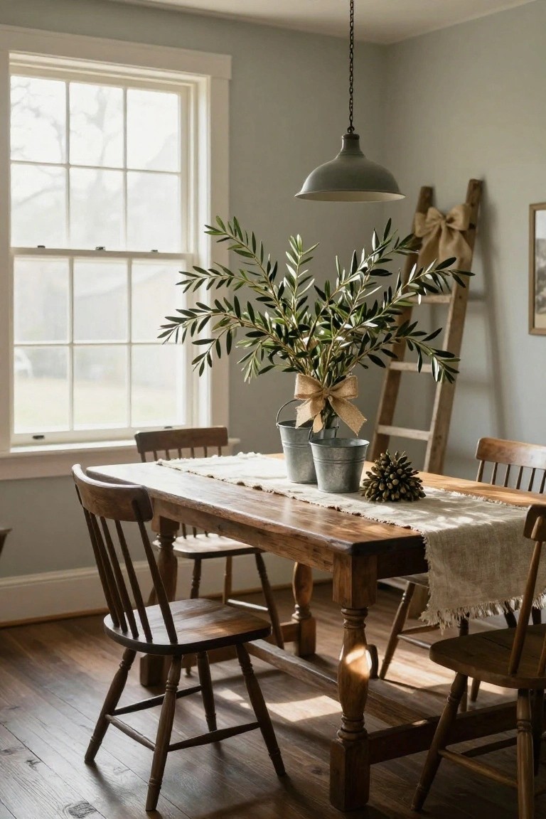 Farmhouse dining table with white runner holding two galvanized buckets of olive branches tied with burlap bows and a pinecone, wooden spindle chairs around it, ladder and window in pale green room.