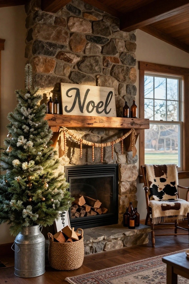 Small flocked artificial Christmas tree in a galvanized metal milk pail next to a stone fireplace with wooden mantel, "Noel" sign, garland, bottles, firewood basket, and cowhide-draped rocking chair in a rustic interior.