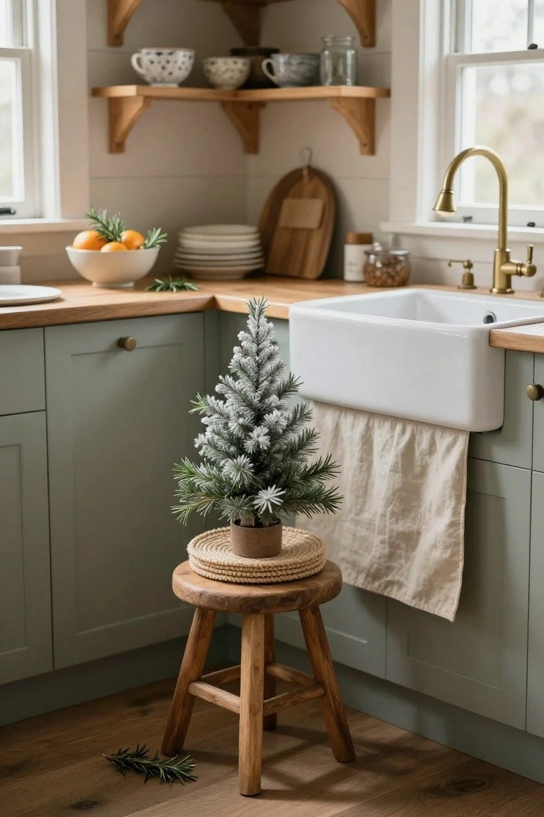 A small artificial Christmas tree with white flocking sits in a brown pot on a woven mat atop a wooden stool next to a white farmhouse sink in a kitchen with sage green cabinets, wooden countertops, and brass faucet.
