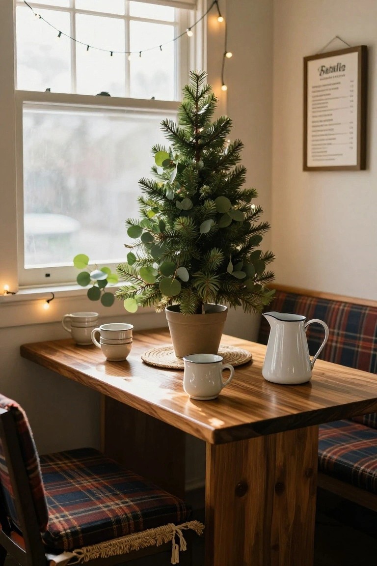 Small potted evergreen Christmas tree with eucalyptus branches on a wooden breakfast table in a cozy kitchen nook, flanked by white mugs, a white pitcher, plaid bench seating, and string lights near a window.