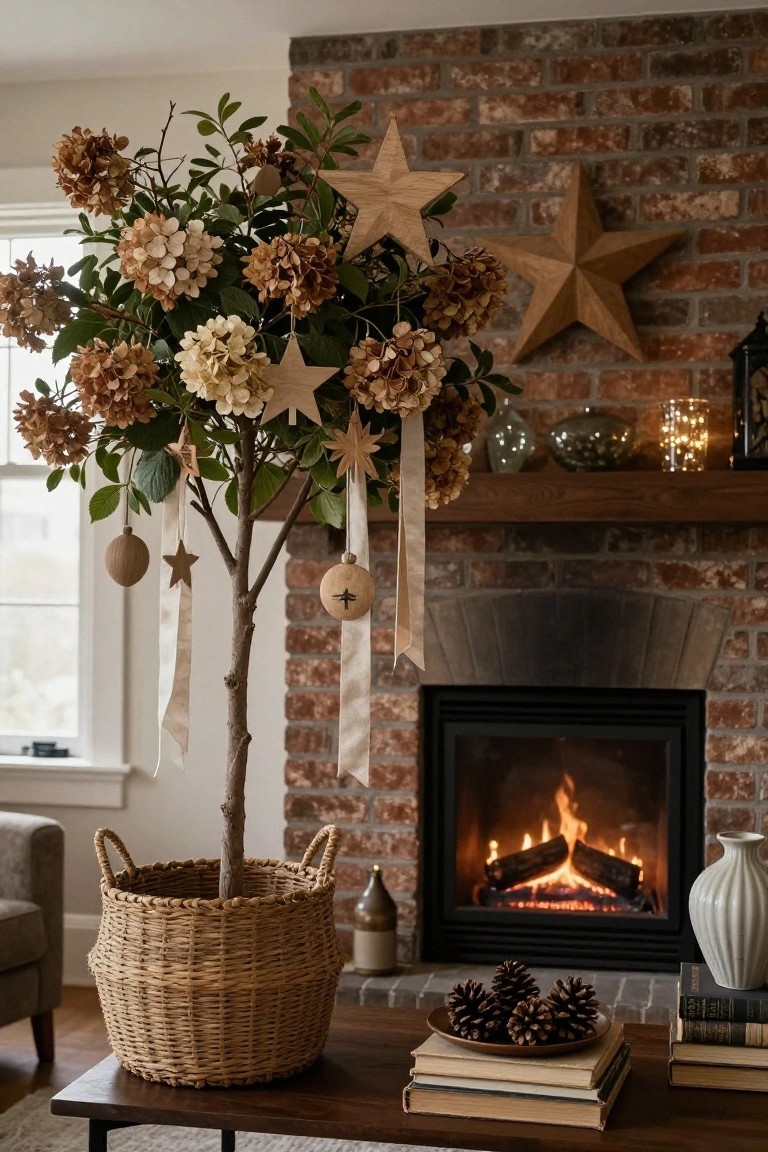 Cozy living room with a decorative tree, fireplace, and rustic decor elements.