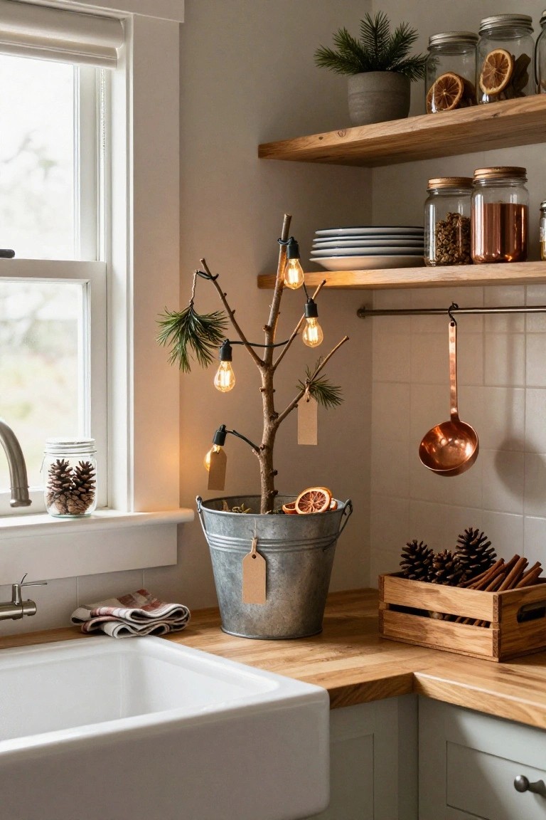 A small pine branch Christmas tree with Edison-style string lights in a galvanized bucket on a wooden kitchen counter next to a white farmhouse sink, with rustic shelves holding jars, plates, copper pots, and pinecones above.