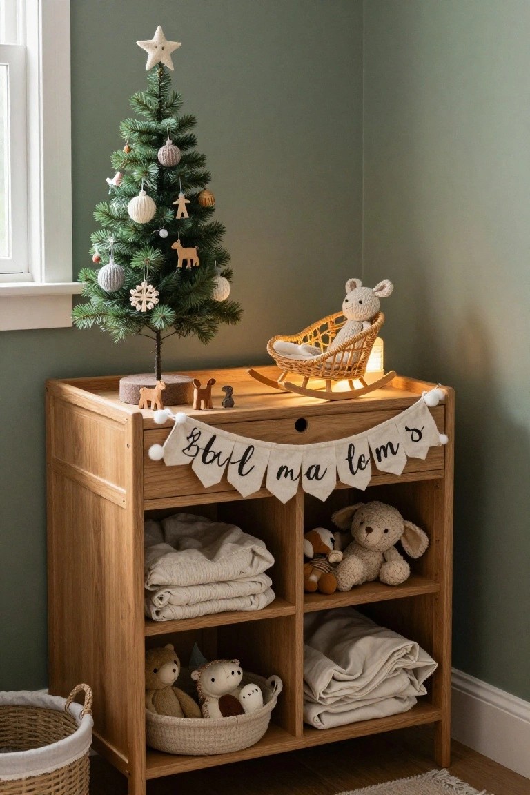 Wooden nursery dresser in corner with small decorated Christmas tree on top, wooden toys, stuffed animals in basket, blankets on shelves, rattan basket on floor, and burlap garland banner.