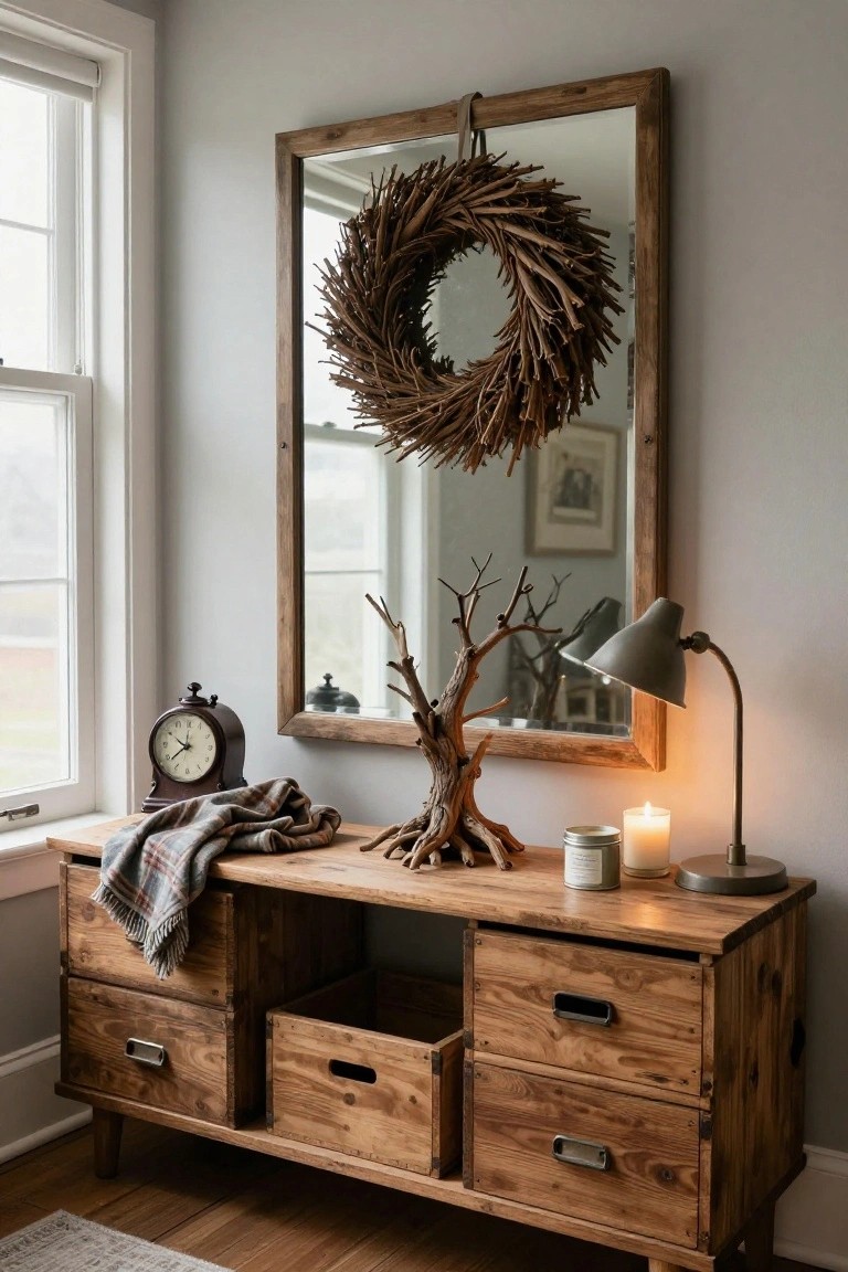 Wooden dresser with woven baskets in drawers, topped with plaid throw, vintage alarm clock, driftwood tree sculpture, metal candle holder, and adjustable lamp beside a tall wood-framed mirror hung with wheat wreath in gray-walled room by window.