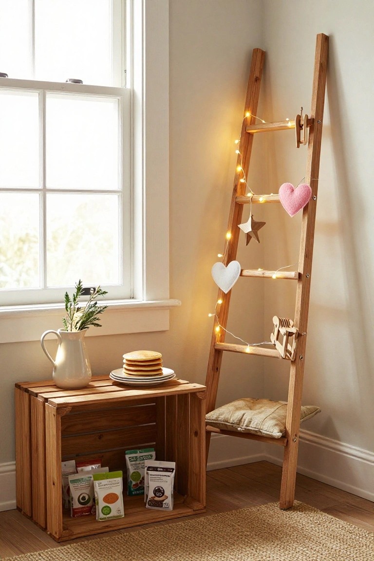 Indoor corner with a tall wooden ladder shelf strung with fairy lights and decorated with pink and white felt hearts, a paper star, and wooden toys, beside a wooden crate shelf holding packaged foods and a plate of pancakes on a small table next to a vase of greenery by a window.